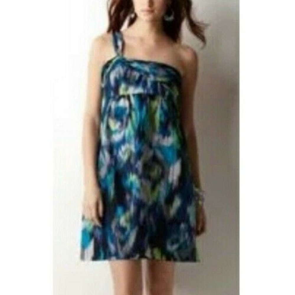 LOFT  BLUE/GREEN ABSTRACT ONE SHOULDER GATHERED SKIRT PARTY CASUAL DRESS SIZE: 8